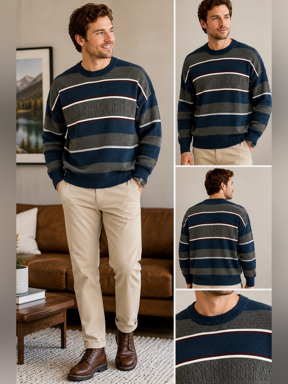 David Taylor XXL 2XG Blue Gray Striped Crewneck Knit Sweater (50–52)